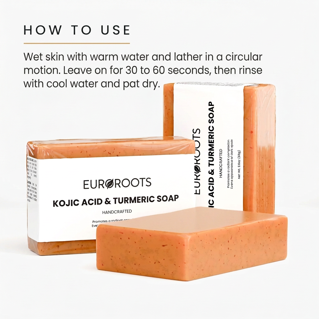 Kojic acid and turmeric soap bars with boxed packaging