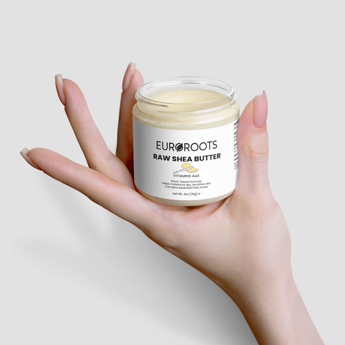 Raw Shea Butter, Shea Butter, front view, vitamin a, vitamin e, plant based formula, sensitive skin, essential fatty acids, front view, held in hand