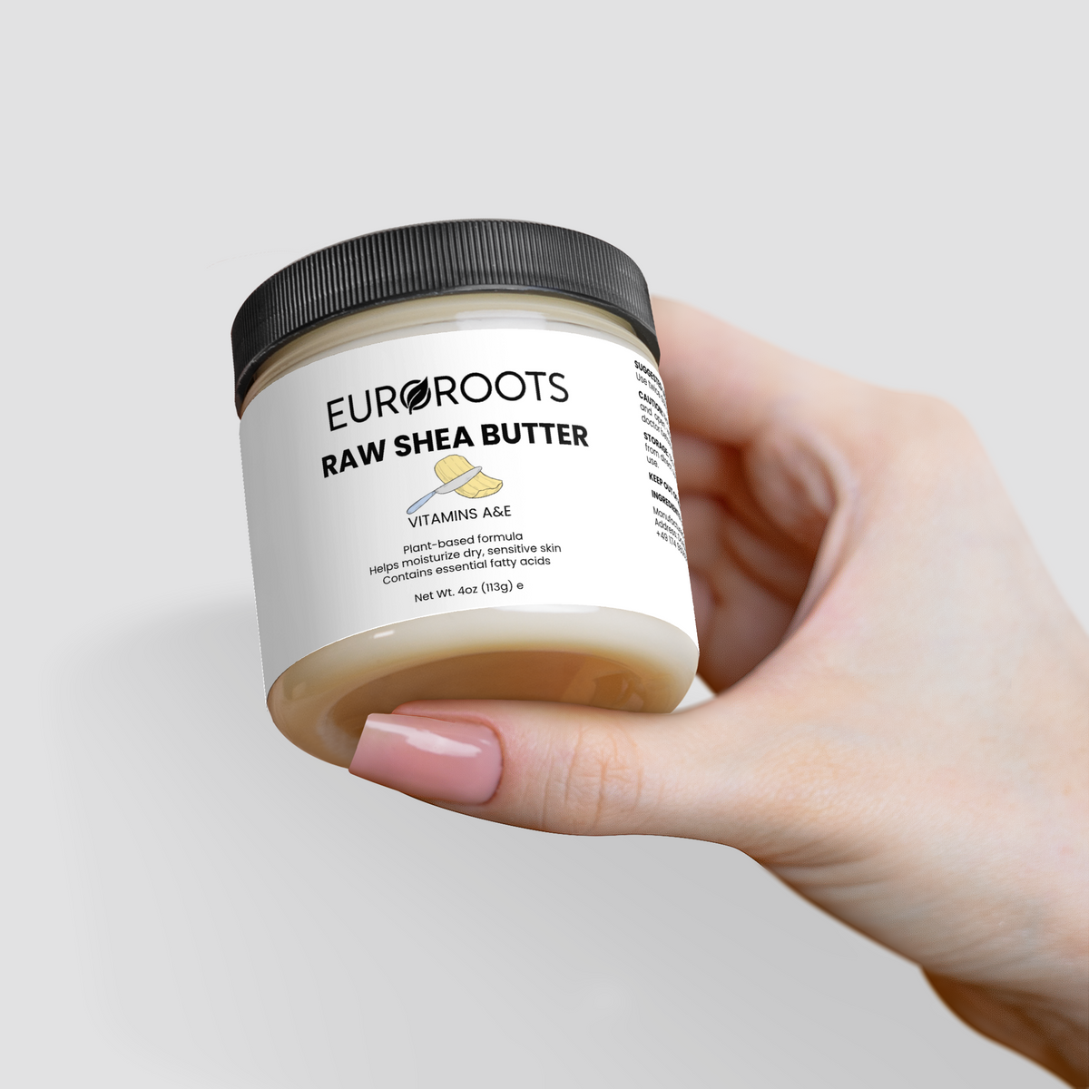 Raw Shea Butter, Shea Butter, front view, vitamin a, vitamin e, plant based formula, sensitive skin, essential fatty acids, front view, held in hand