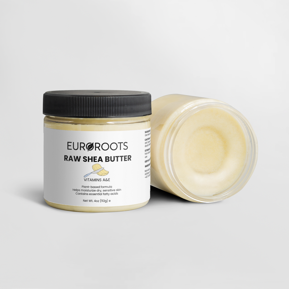 Raw Shea Butter, Shea Butter, front view, vitamin a, vitamin e, plant based formula, sensitive skin, essential fatty acids, front view, one opened