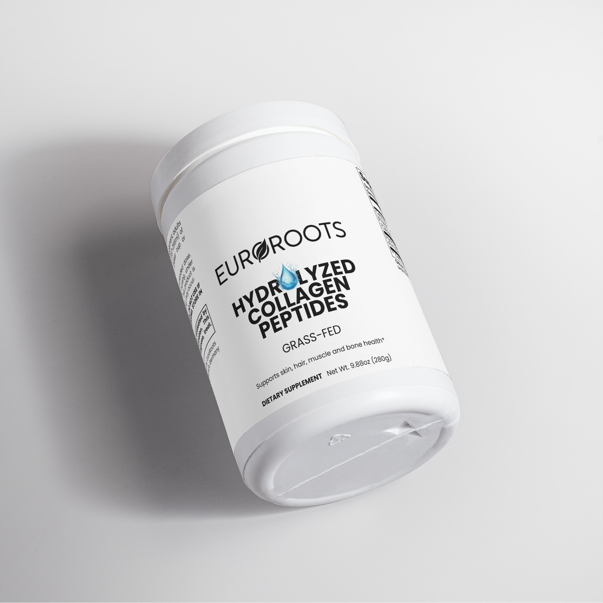 Collagen, hydrolyzed collagen powder, bottle, laid on ground