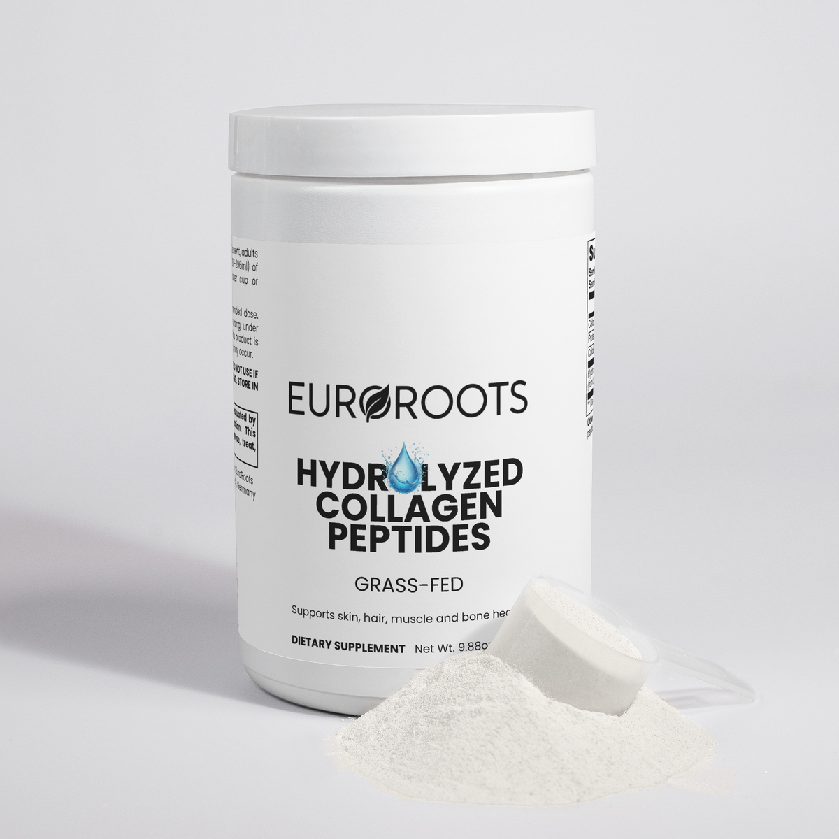 Collagen, hydrolyzed collagen powder, bottle, front view, powder on floor, scoop with powder