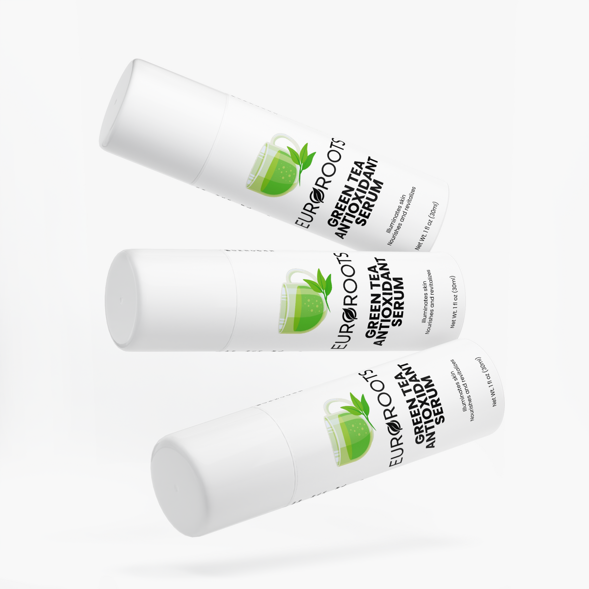 Green Tea Antioxidant Serum, serum, front view, green tea, opened, 3 Serums