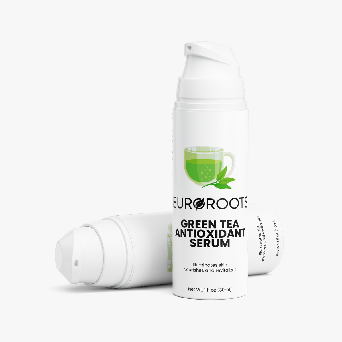 Green Tea Antioxidant Serum, serum, front view, green tea, opened, 2 bottles, caps off