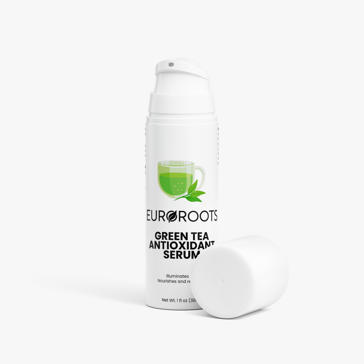 Green Tea Antioxidant Serum, serum, front view, green tea, opened, cap on the bottom