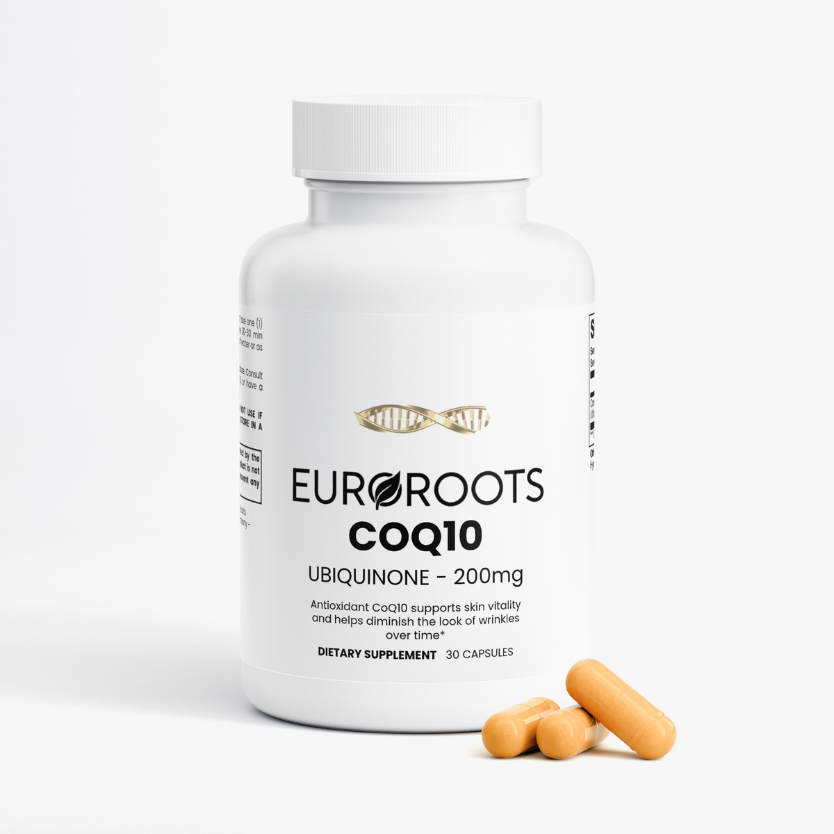 CoQ10, UBIQUINONE, 200mg, capsules, bottle, front view, 3 pills