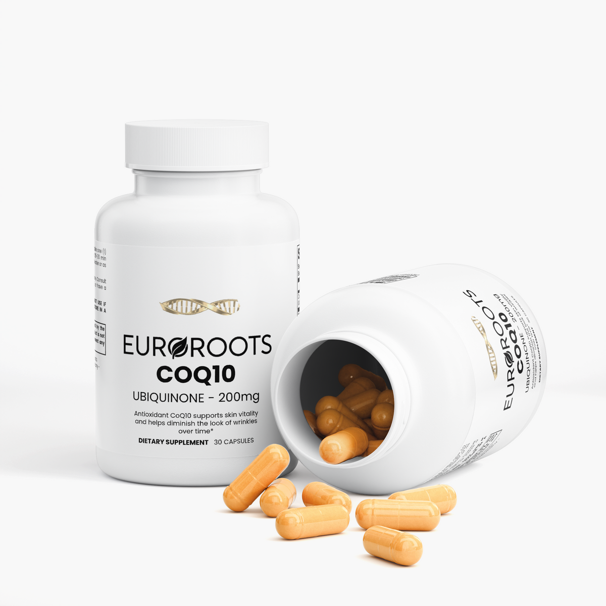 CoQ10, UBIQUINONE, 200mg, capsules, bottle, front view, 1 bottle opened, capsules falling out