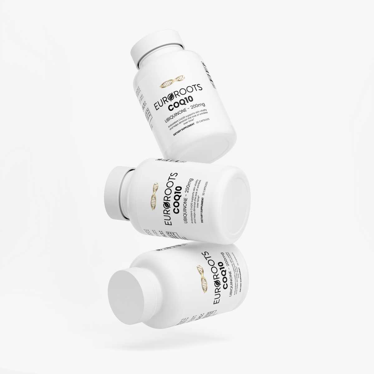 EuroRoots CoQ10 Ubiquinone 200mg supplement bottle for post-workout recovery with label and supplement details.