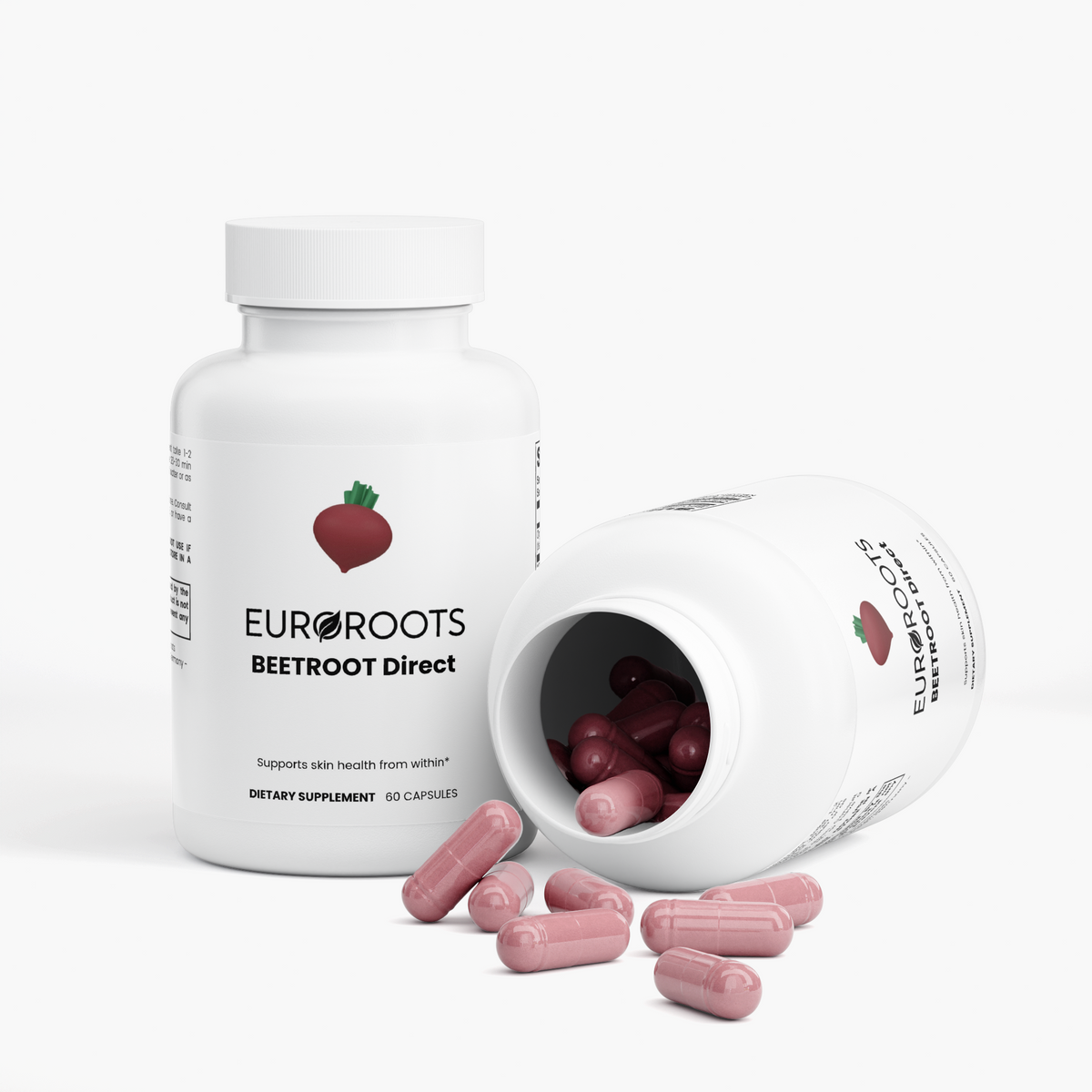 EuroRoots beetroot supplement for skin, hair, and nail health showing the label and fresh beetroot roots.