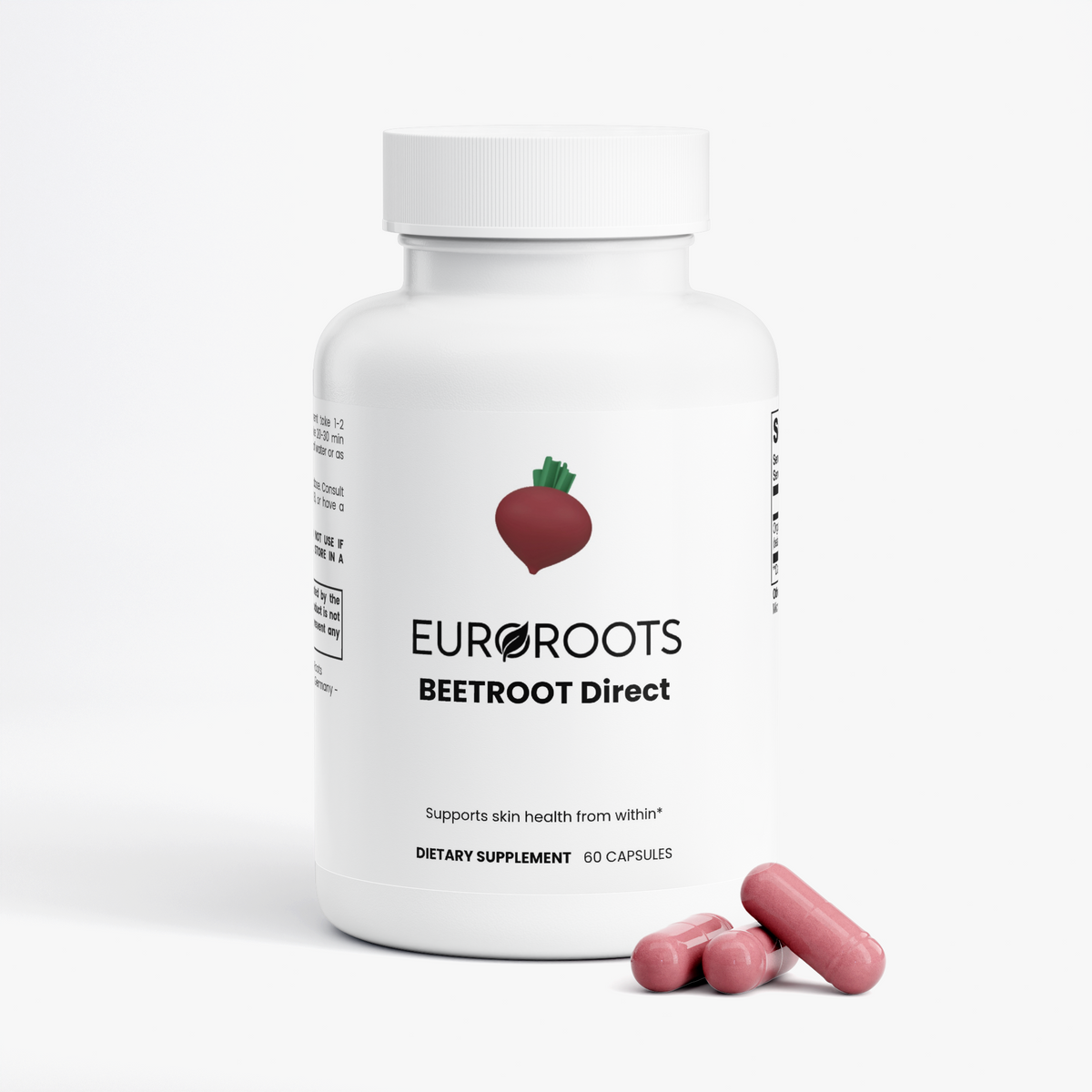 EuroRoots beetroot supplement for skin, hair, and nails, featuring fresh beetroot on a white background.
