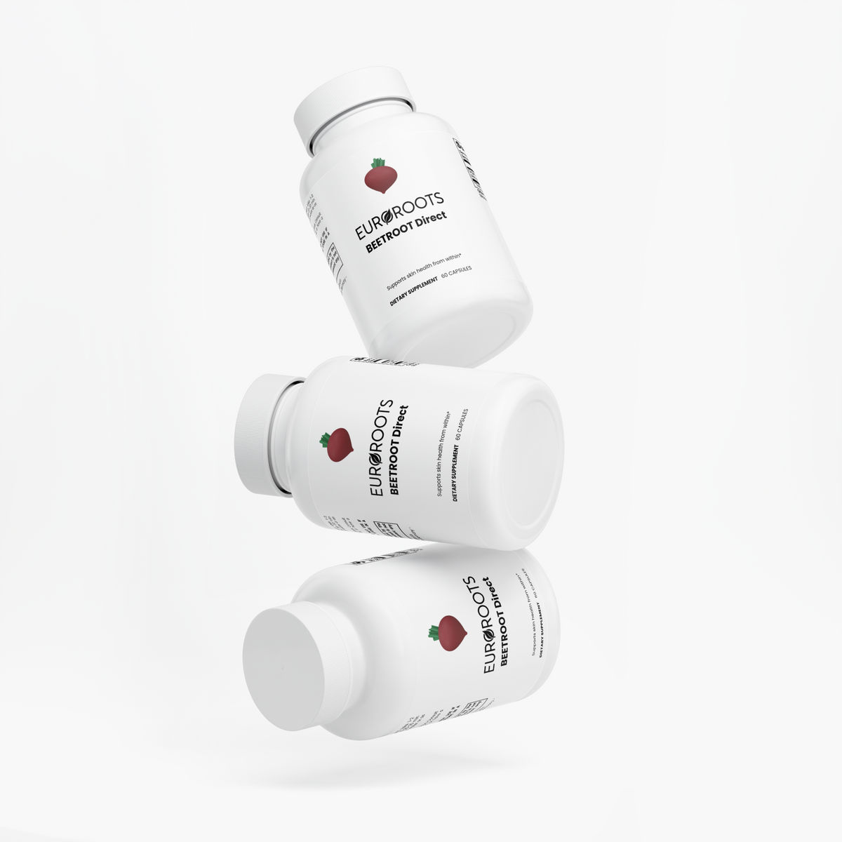EuroRoots beetroot supplement for skin, hair, and nail health with fresh beetroot image showing vibrant root and leaves.