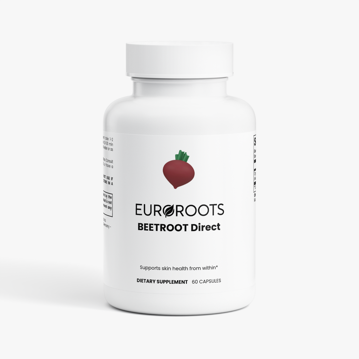 EuroRoots beetroot supplement bottle for skin, hair, and nail health with label showing natural root imagery and product details.