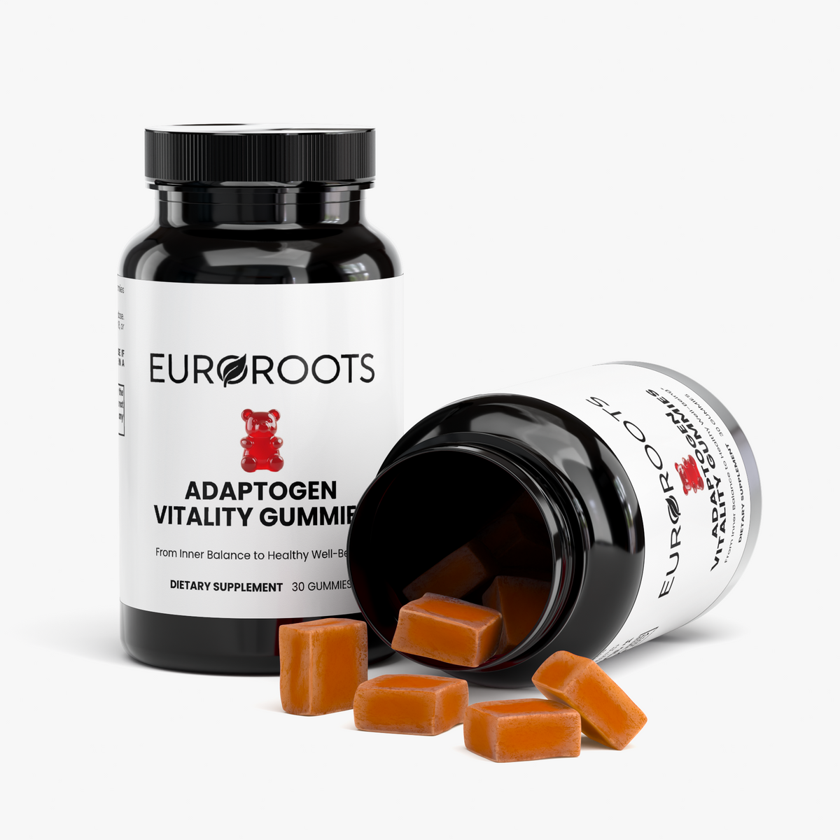 EuroRoots Adaptogen Vitality Gummies with mushroom ingredients, shown in colorful packaging.