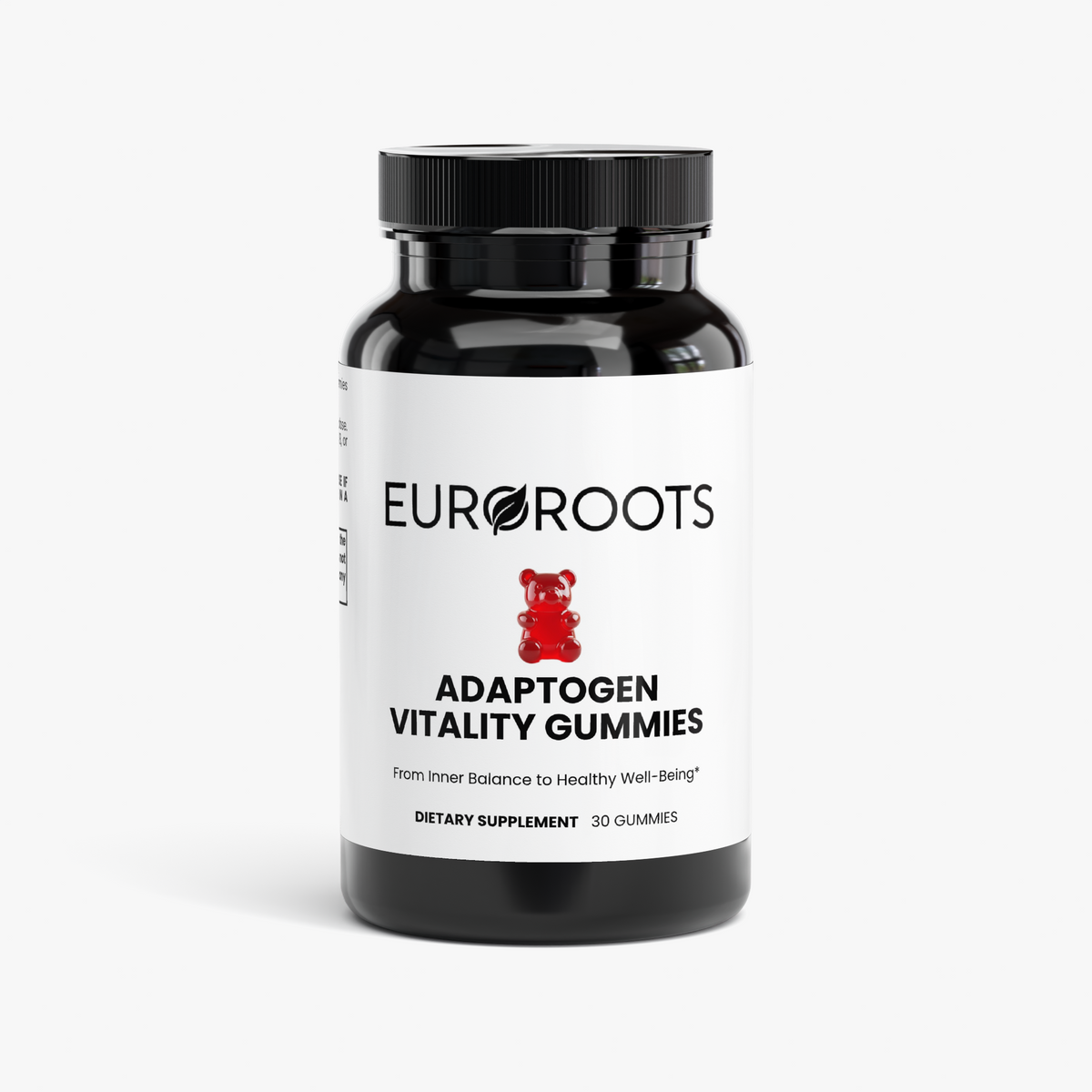 EuroRoots Adaptogen Vitality Gummies with mushroom extracts in a clear jar, showing colorful gummy supplements on a white background.