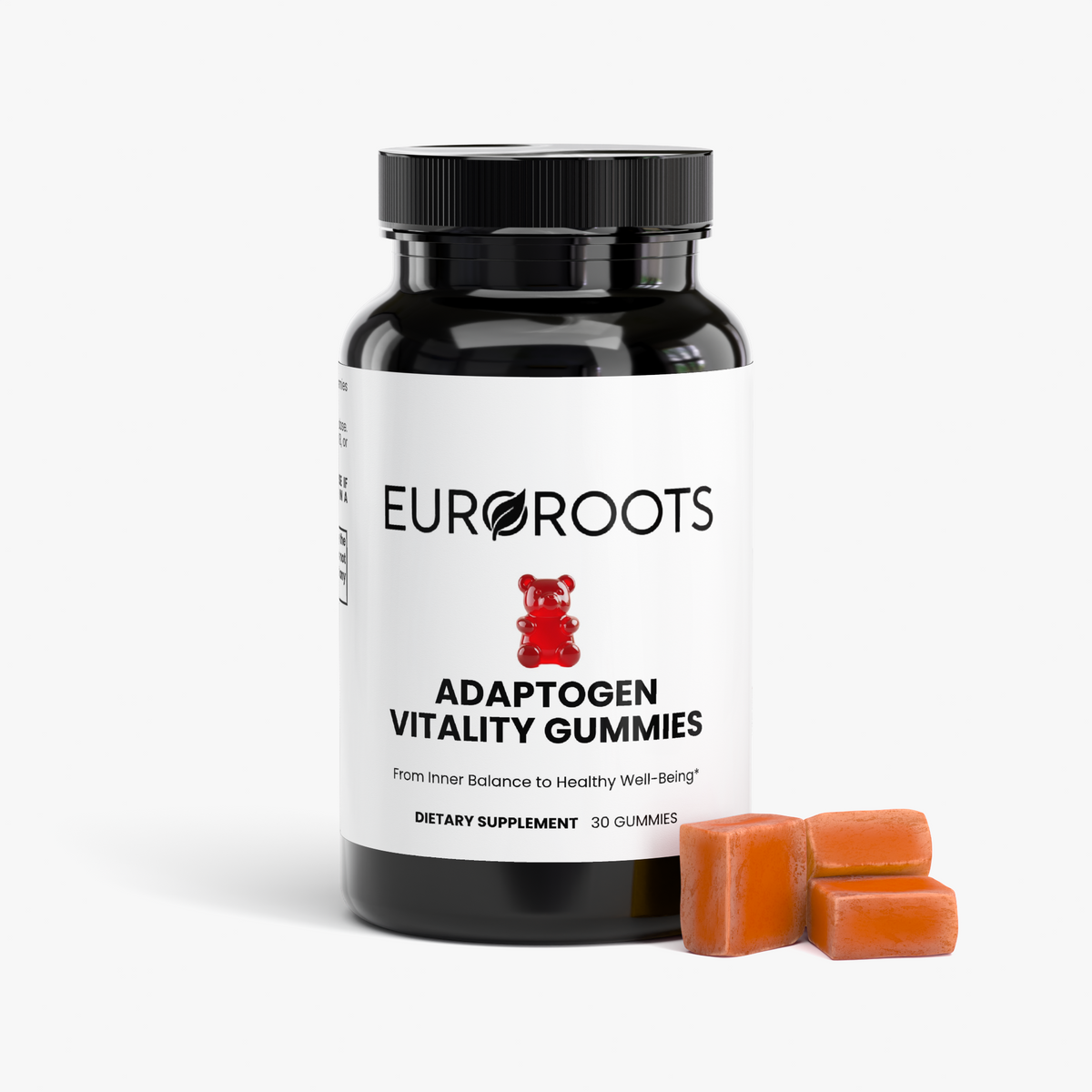 EuroRoots Adaptogen Vitality Gummies with mushroom extracts, featuring colorful gummy shapes and natural ingredients for energy support.