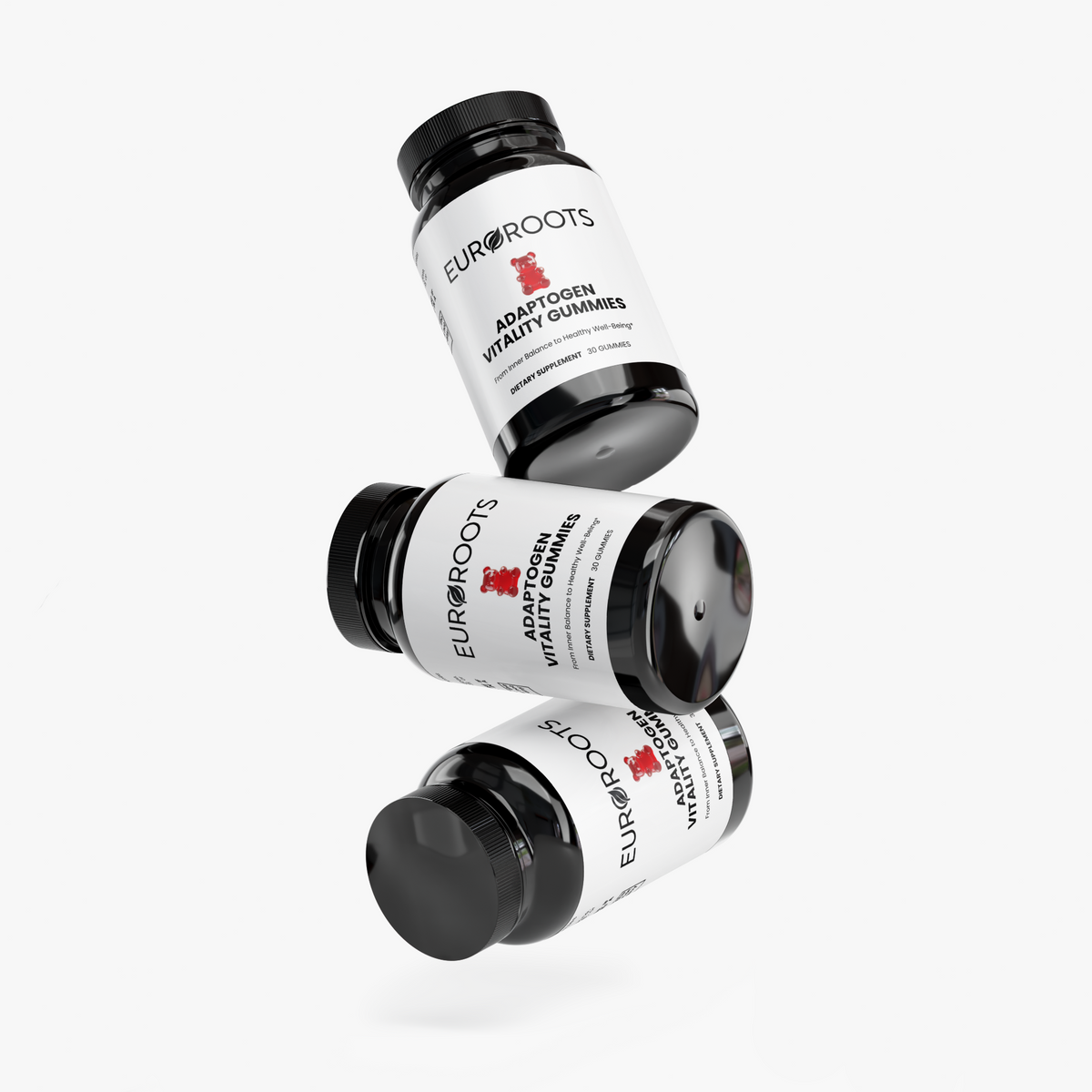 EuroRoots Adaptogen Vitality Gummies featuring mushroom extract, colorful gummy supplements on a white background.