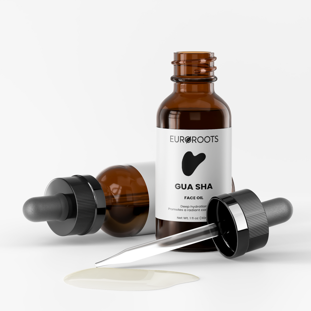 EuroRoots Gua Sha Face Oil for facial care, with a sleek bottle and applicator, designed to enhance skin glow and relaxation.