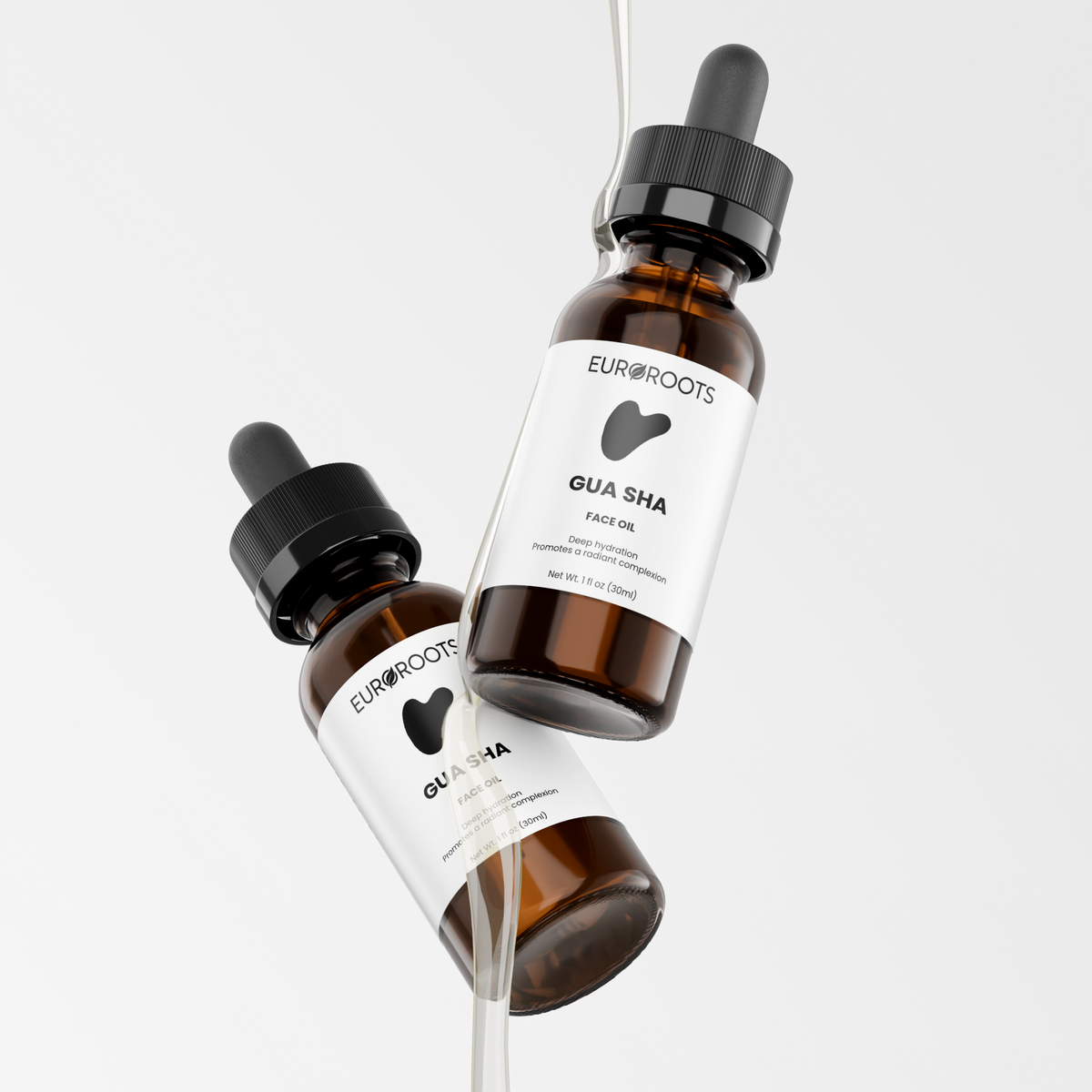 EuroRoots Gua Sha Face Oil for facial care, shown in a bottle with a natural, soothing appearance and skincare label.