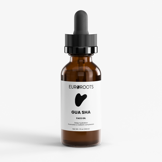 EuroRoots Gua Sha Face Oil for facial care, featuring a sleek bottle with a labeling design and a smooth Gua Sha tool in the image.