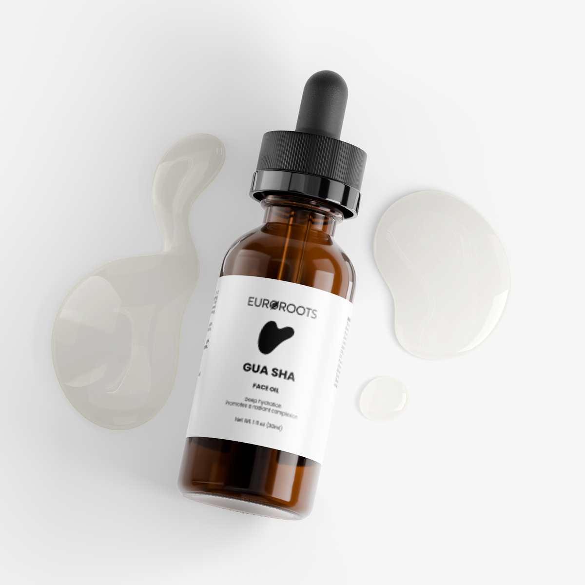 EuroRoots Gua Sha Facial Care Oil bottle with label, used for skincare and facial massage.