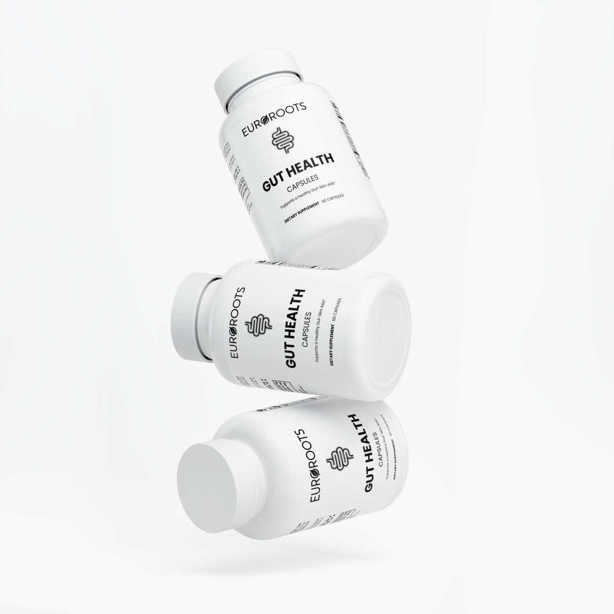 EuroRoots Gut Health body care product label with natural ingredients and health benefits on a clean white background.