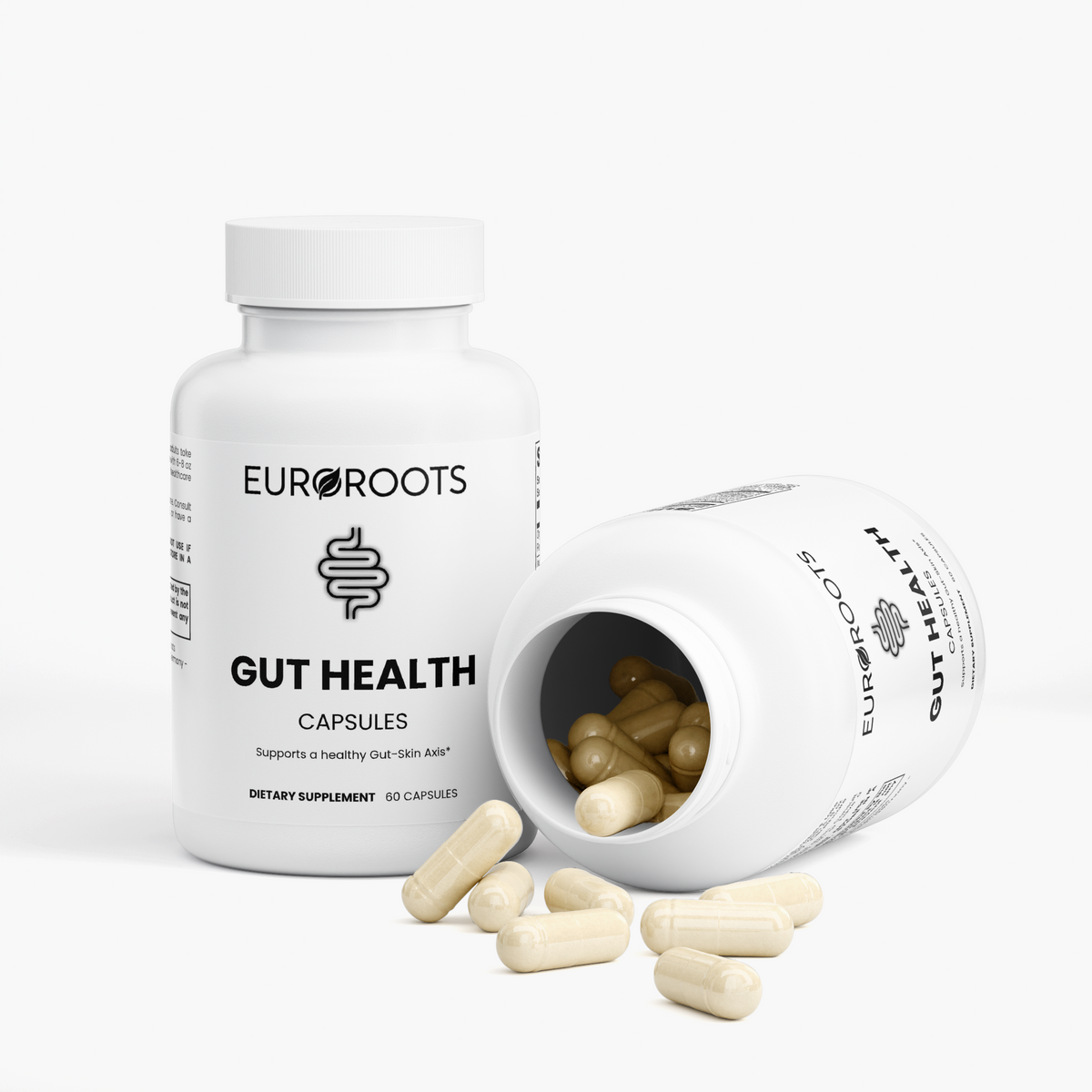 EuroRoots gut health body care product label with natural ingredients and health benefits for digestive wellness.