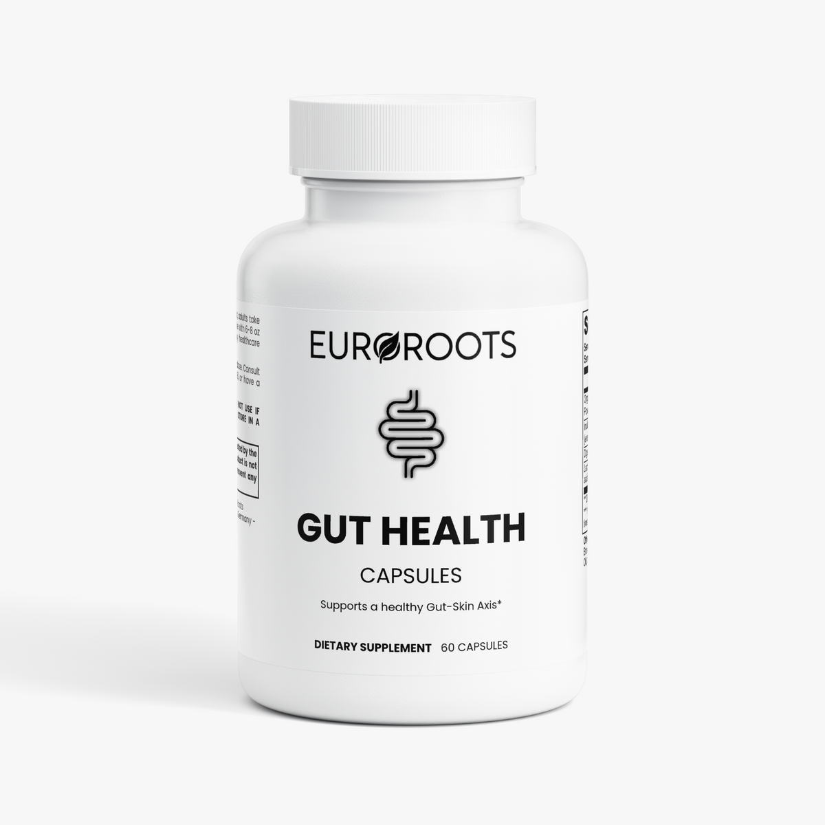 EuroRoots gut health body care product label with natural ingredients and health benefits visible on the package.
