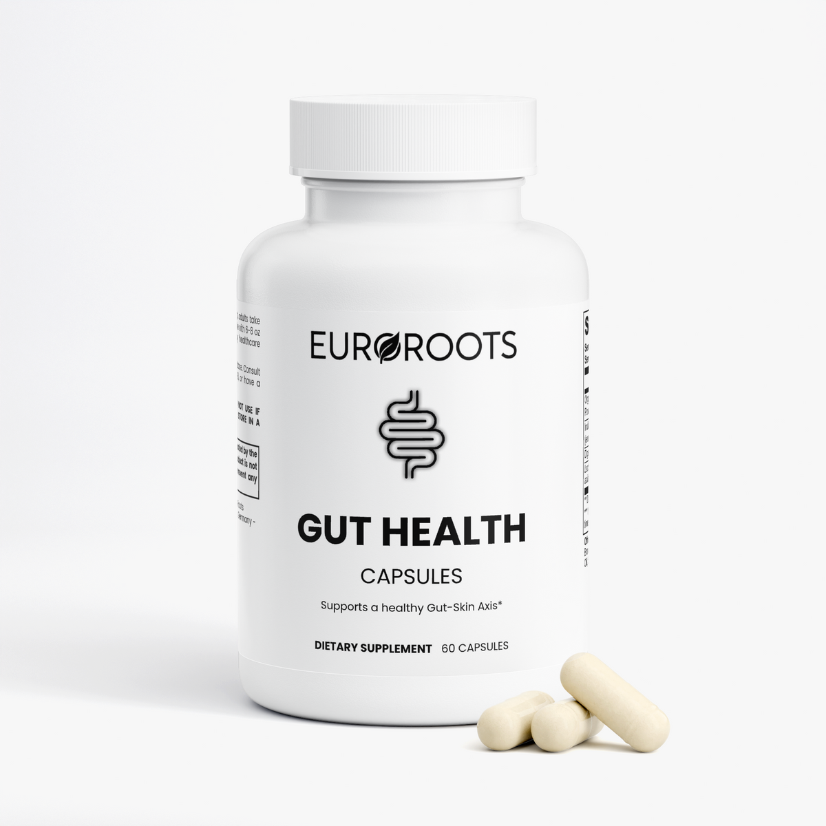 EuroRoots Gut Health body care product label featuring natural ingredients for digestive wellness and overall gut support.