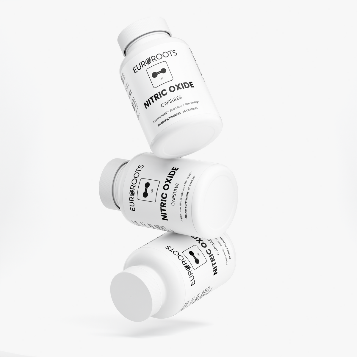 EuroRoots Nitric Oxide post-workout recovery supplement bottle with label and cap, designed for muscle recovery and enhanced circulation.