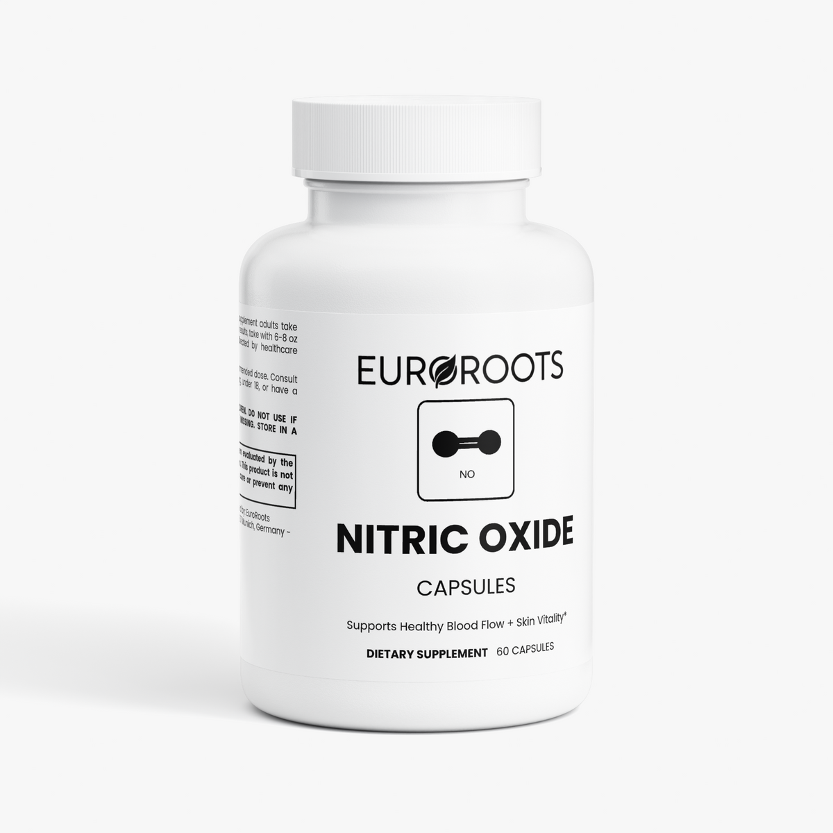 EuroRoots Nitric Oxide post-workout recovery supplement bottle with label, showcasing the product for muscle recovery and enhanced circulation.