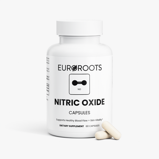 EuroRoots Nitric Oxide post-workout recovery supplement bottle with label showing product details and branding.