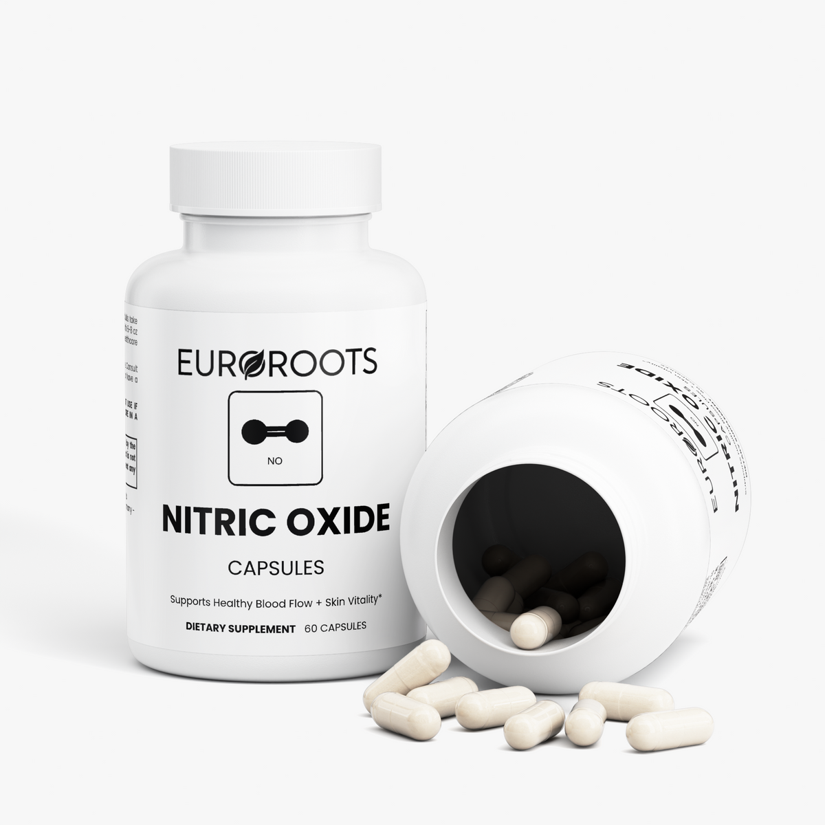 EuroRoots Nitric Oxide post-workout recovery supplement bottle with label showing product details and branding.