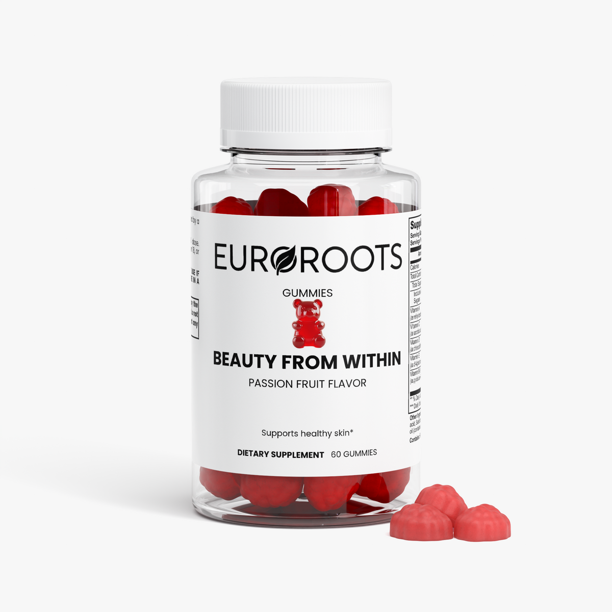EuroRoots Beauty From Within Gummies for skin, hair, and nails, showing the colorful gummies and supplement label.