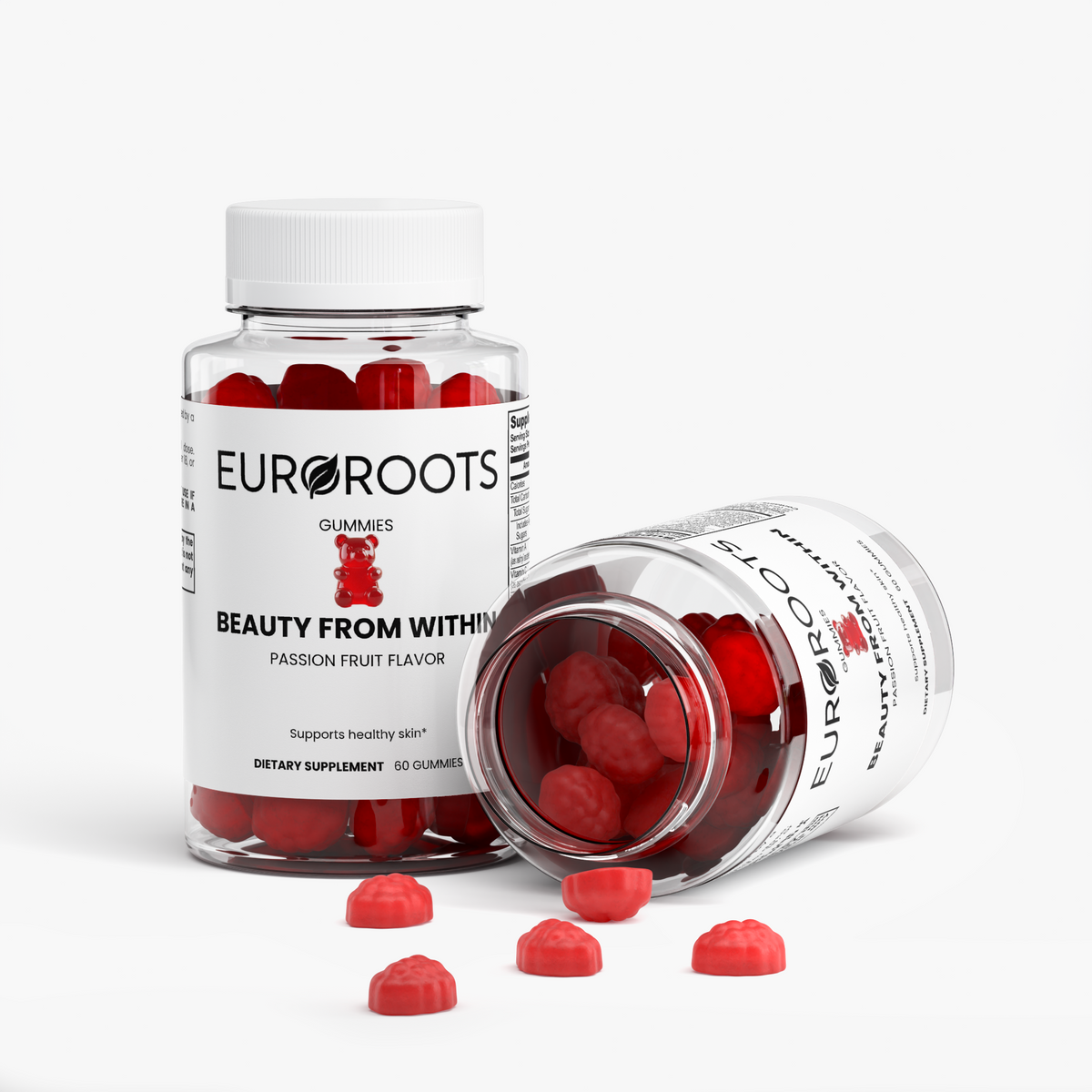 EuroRoots Beauty From Within Gummies for skin, hair, and nail health, featuring colorful gummies on a white background.