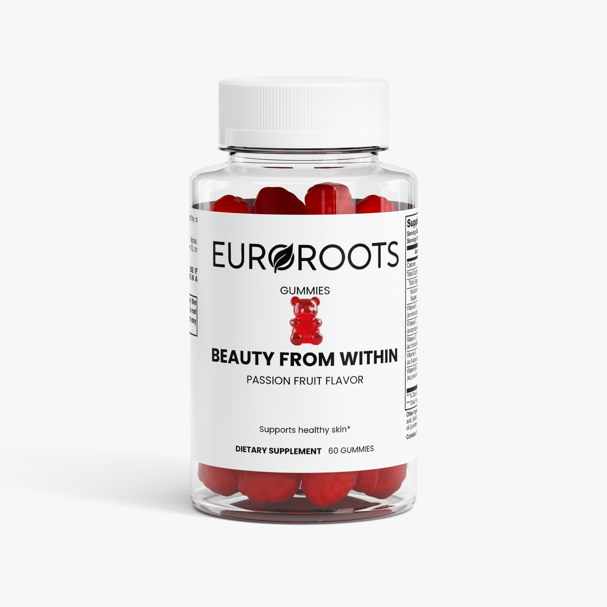 EuroRoots Beauty From Within Gummies for skin, hair, and nail health, featuring colorful gummy vitamins in a clear container.