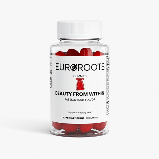 EuroRoots Beauty From Within Gummies for skin, hair, and nail health, featuring colorful gummy vitamins in a clear container.