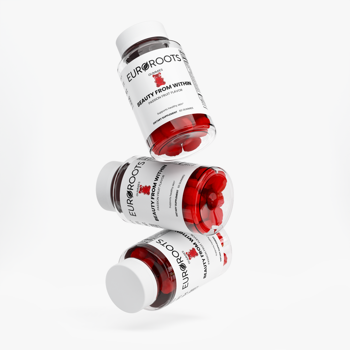 EuroRoots Beauty From Within Gummies for skin, hair, and nail health, featuring colorful gummy vitamins on a white background.