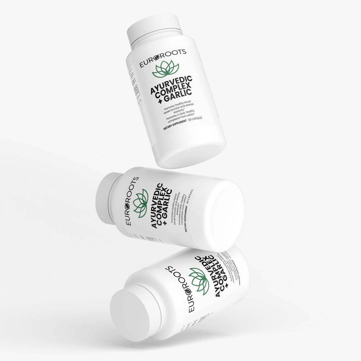 EUROROOTS supplement bottle shown from multiple angles with label sides