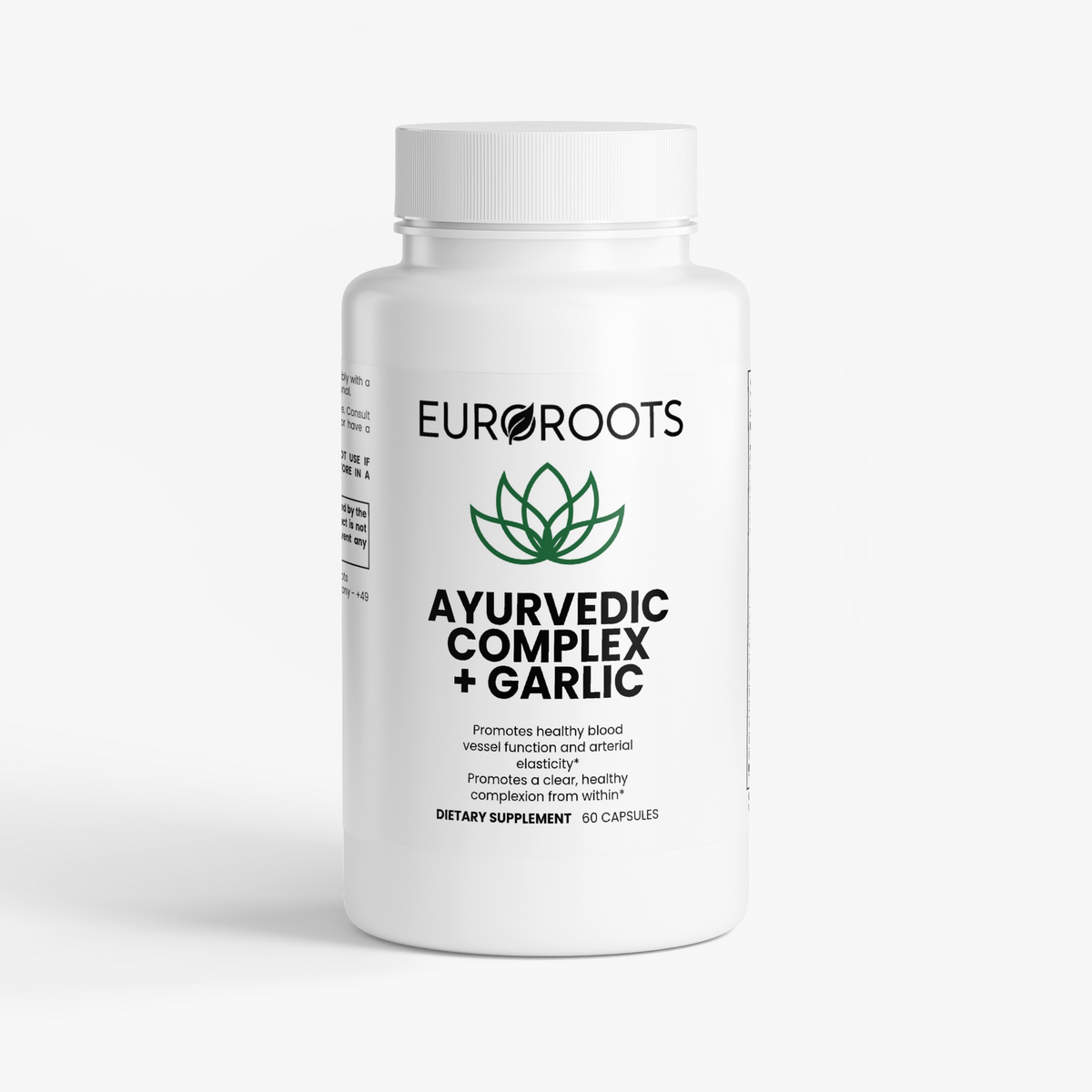 EUROROOTS supplement bottle with white cap, front label visible