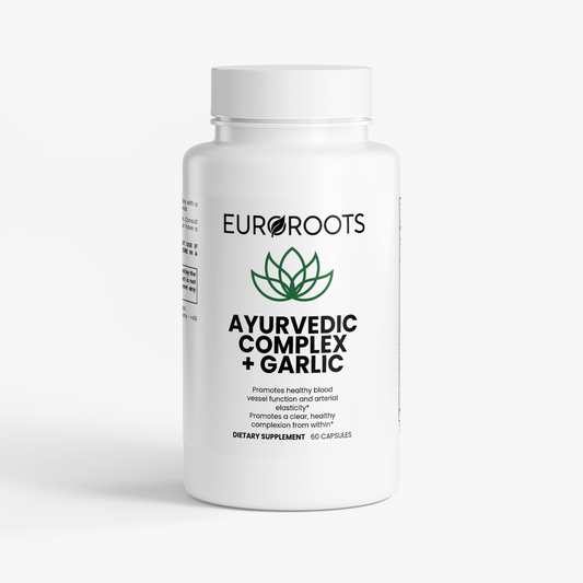 EUROROOTS supplement bottle with white cap, front label visible