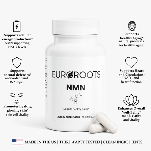 EuroRoots NMN 500mg supplement bottle with label and capsules, showcasing a dietary supplement for energy and aging support.