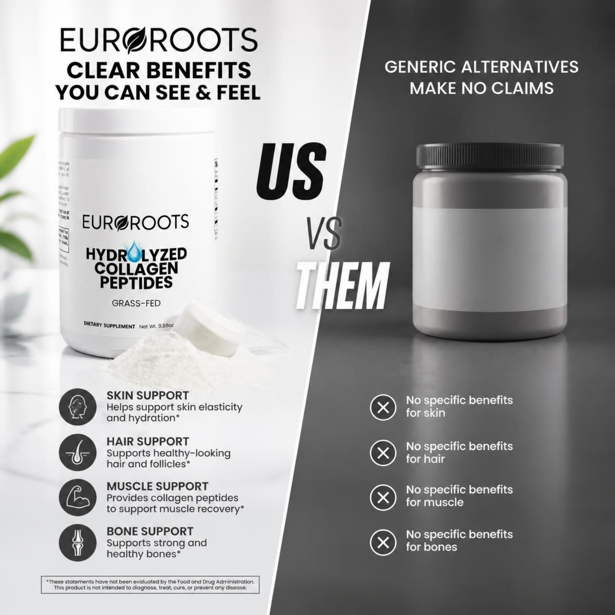 Collagen supplement comparison graphic with two white jars and US vs THEM text
