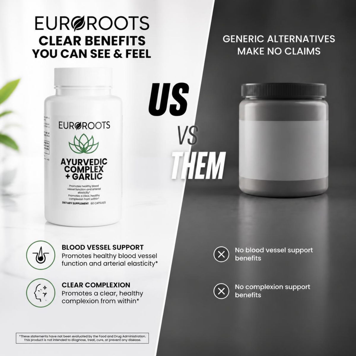 EUROROOTS supplement comparison layout with two labeled containers
