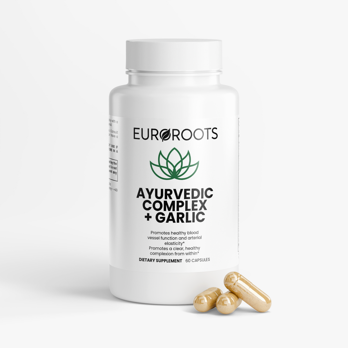 EUROROOTS supplement bottle with white cap and gold capsules beside it