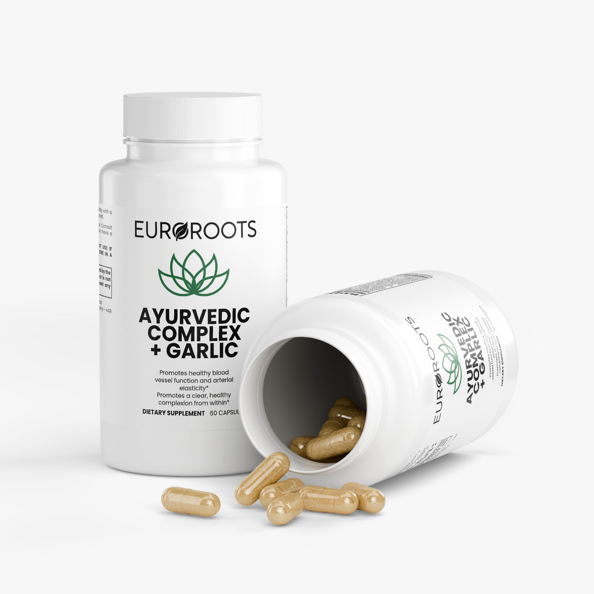 EUROROOTS bottle with open lid showing gold softgels spilling out