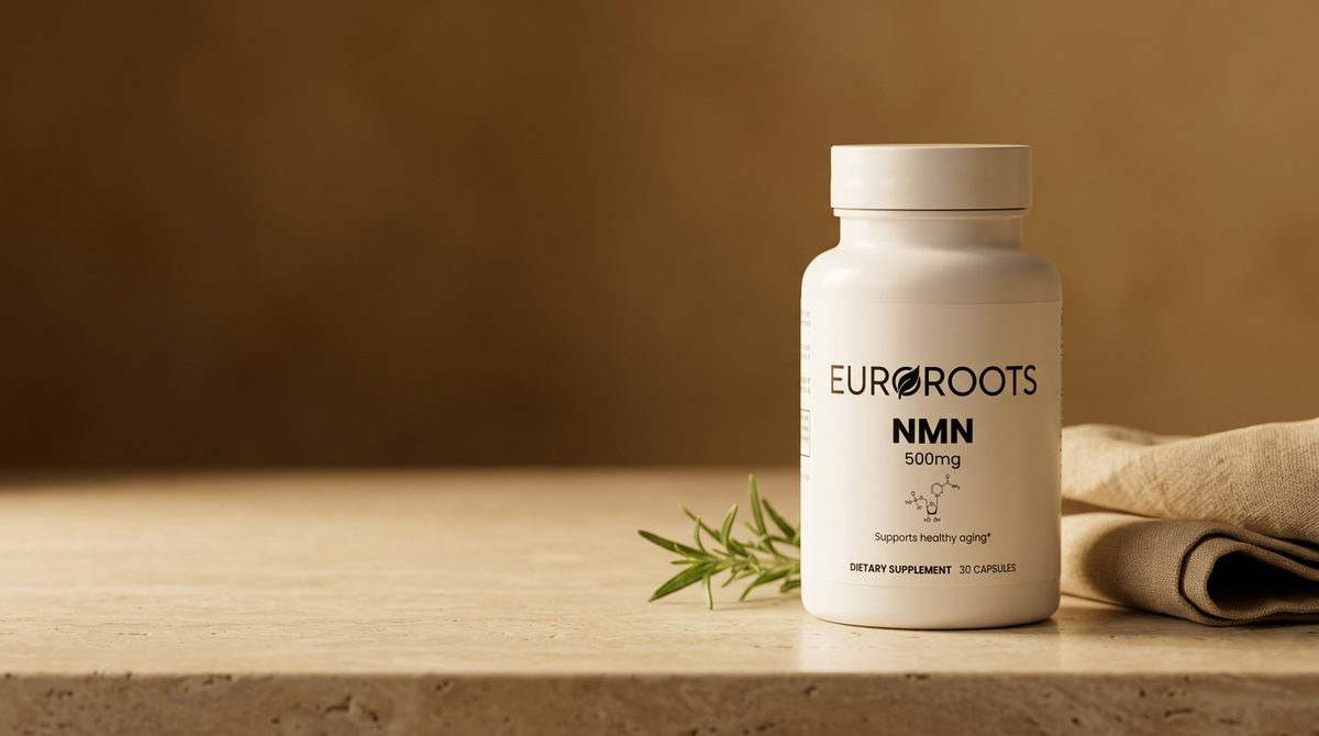 NMN supplement bottle on travertine stone in warm morning light, editorial wellness hero