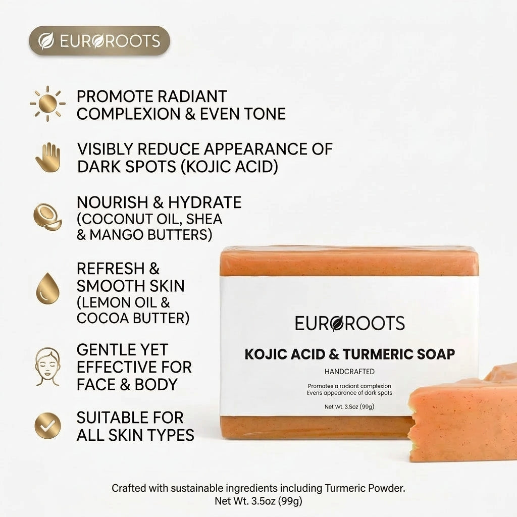 Kojic acid and turmeric soap bar, white wrapper with orange soap visible